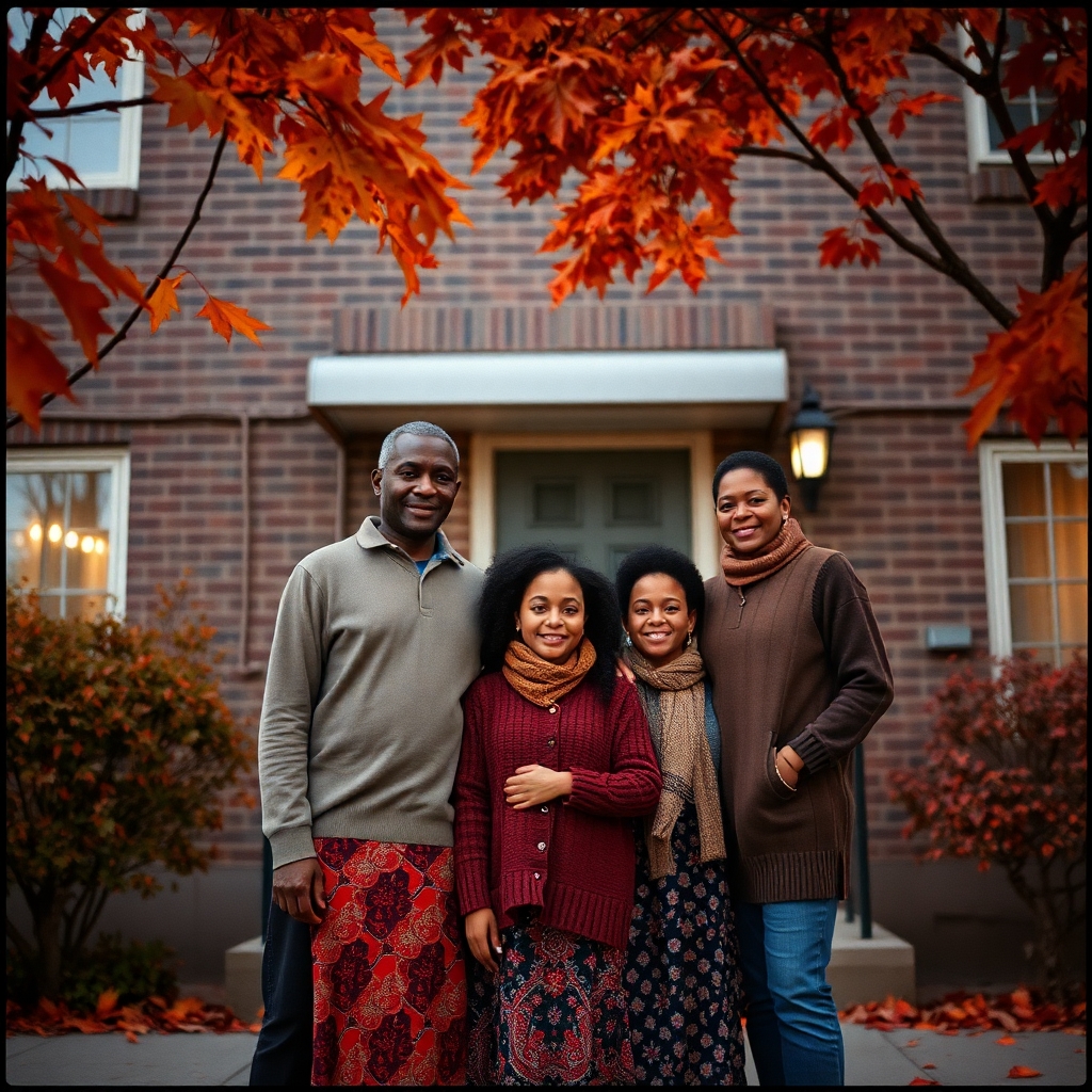 Traditional family in front of apartment