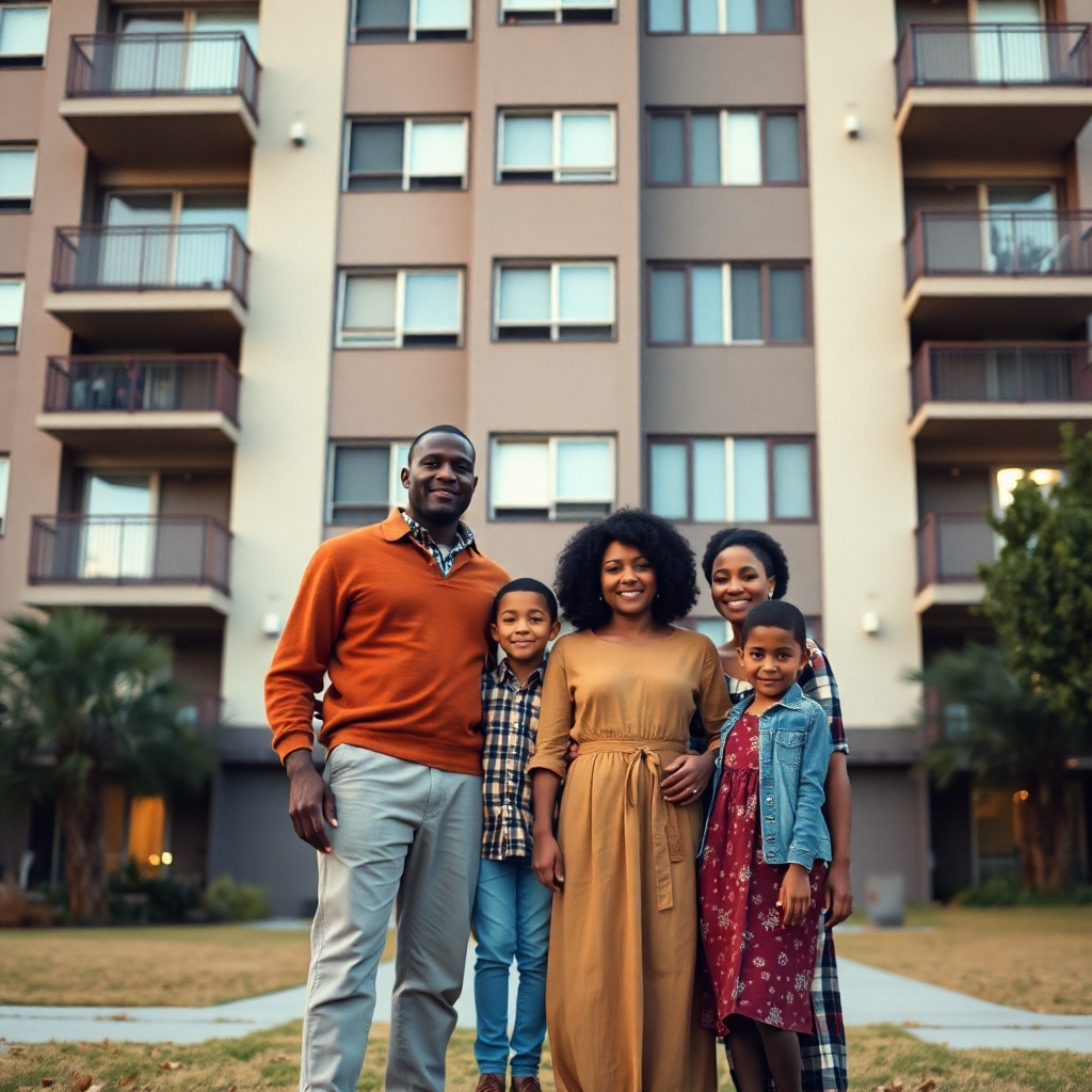 Family in front of a tall apartment building