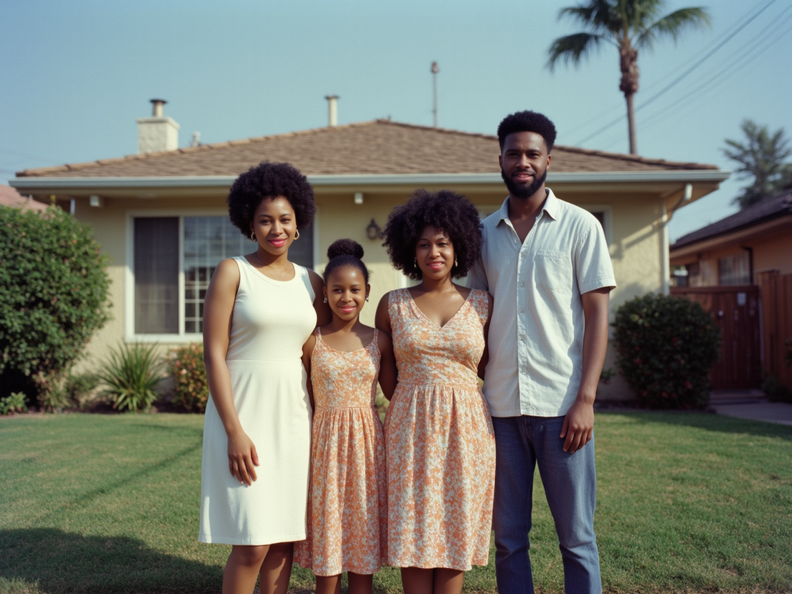 Family of four in front of haus in suburbs