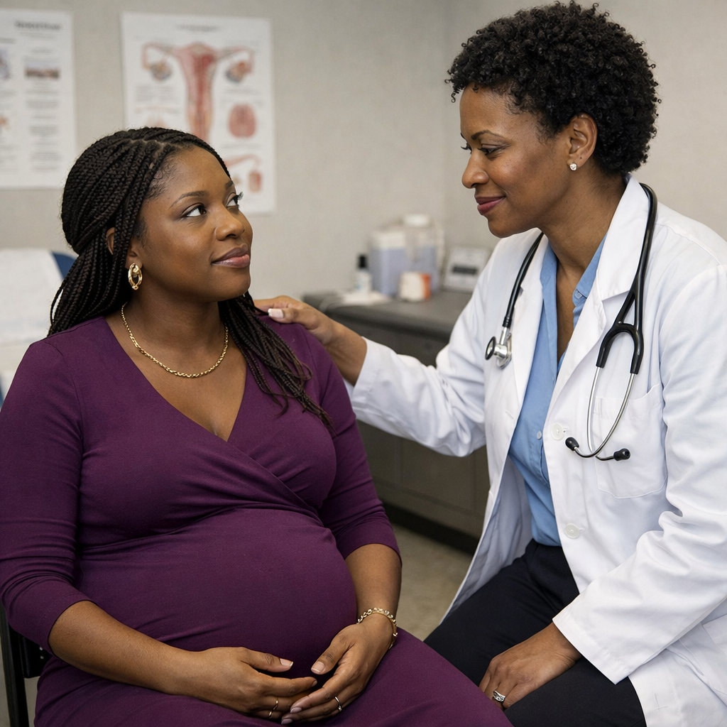Pregnant woman in purple being examined by doctor