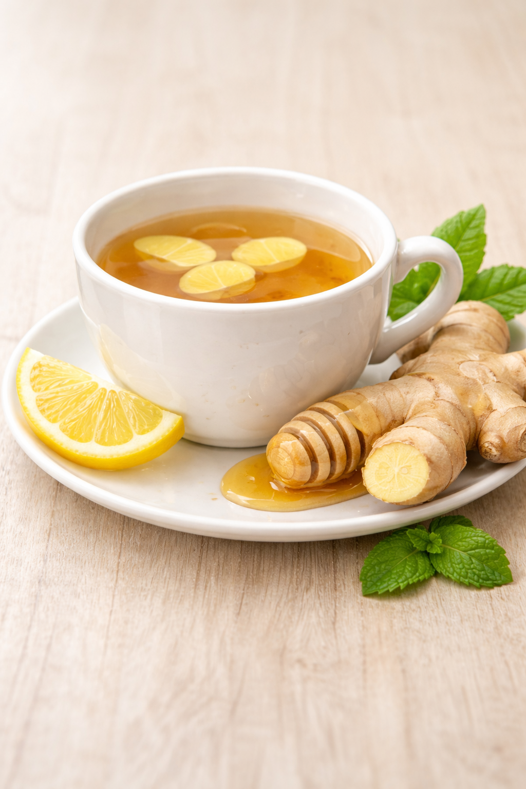 Cup of ginger tea with ginger root on the side