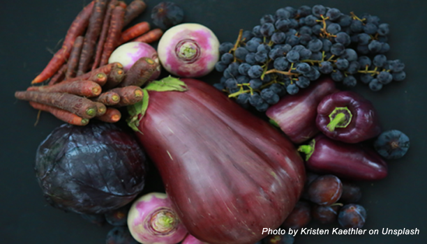 Purple foods, including grapes, carrots, eggplant