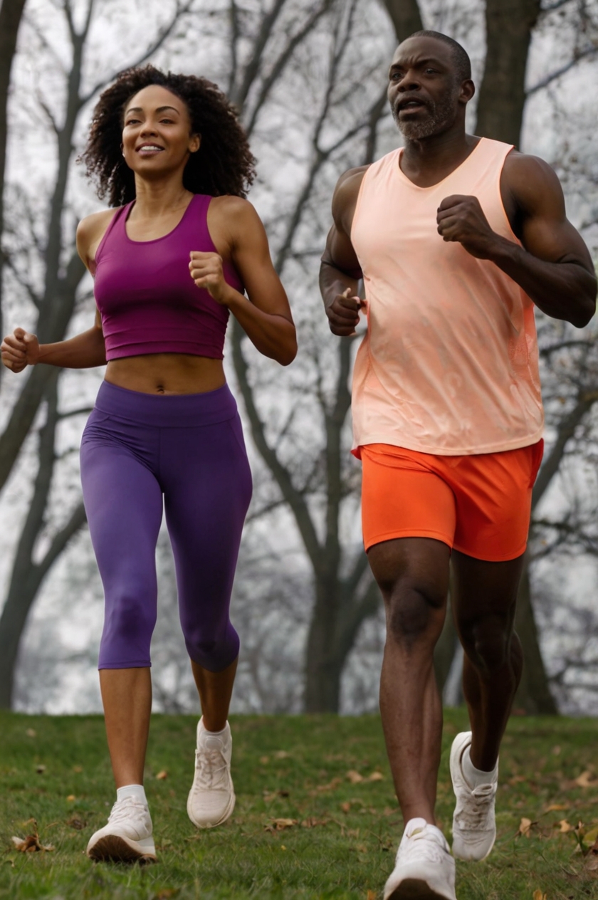 Woman and man in exercise attire, running through park
