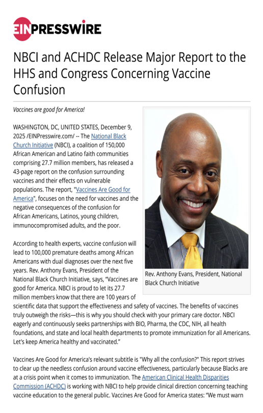 Press Release - NBCI and ACHDC Release Major Report to the HHS and Congress Concerning Vaccine Confusion
