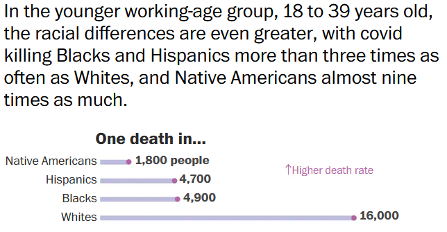 In the younger working-age group, 18-29 years, racial differences are greater with Covid killing Blacks and Hispanics more than three times as often as Whites, Native Americans almost nine times as much
