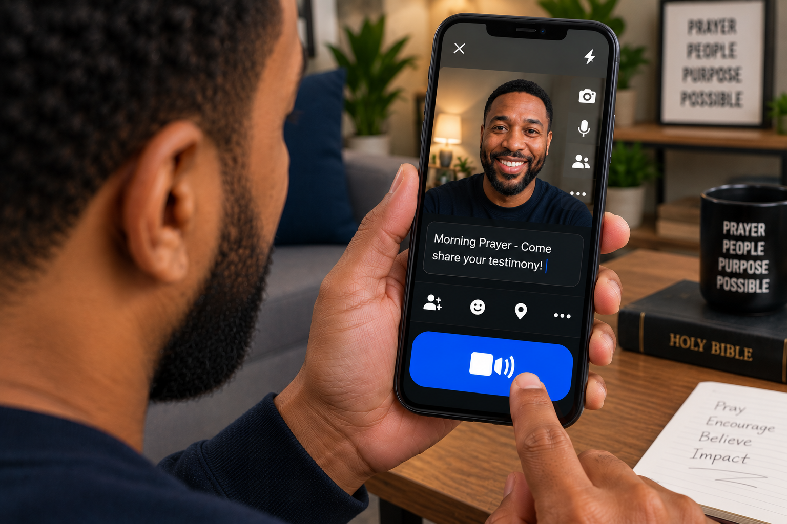 Tap the big blue Go Live button at the bottom. You are now on camera!