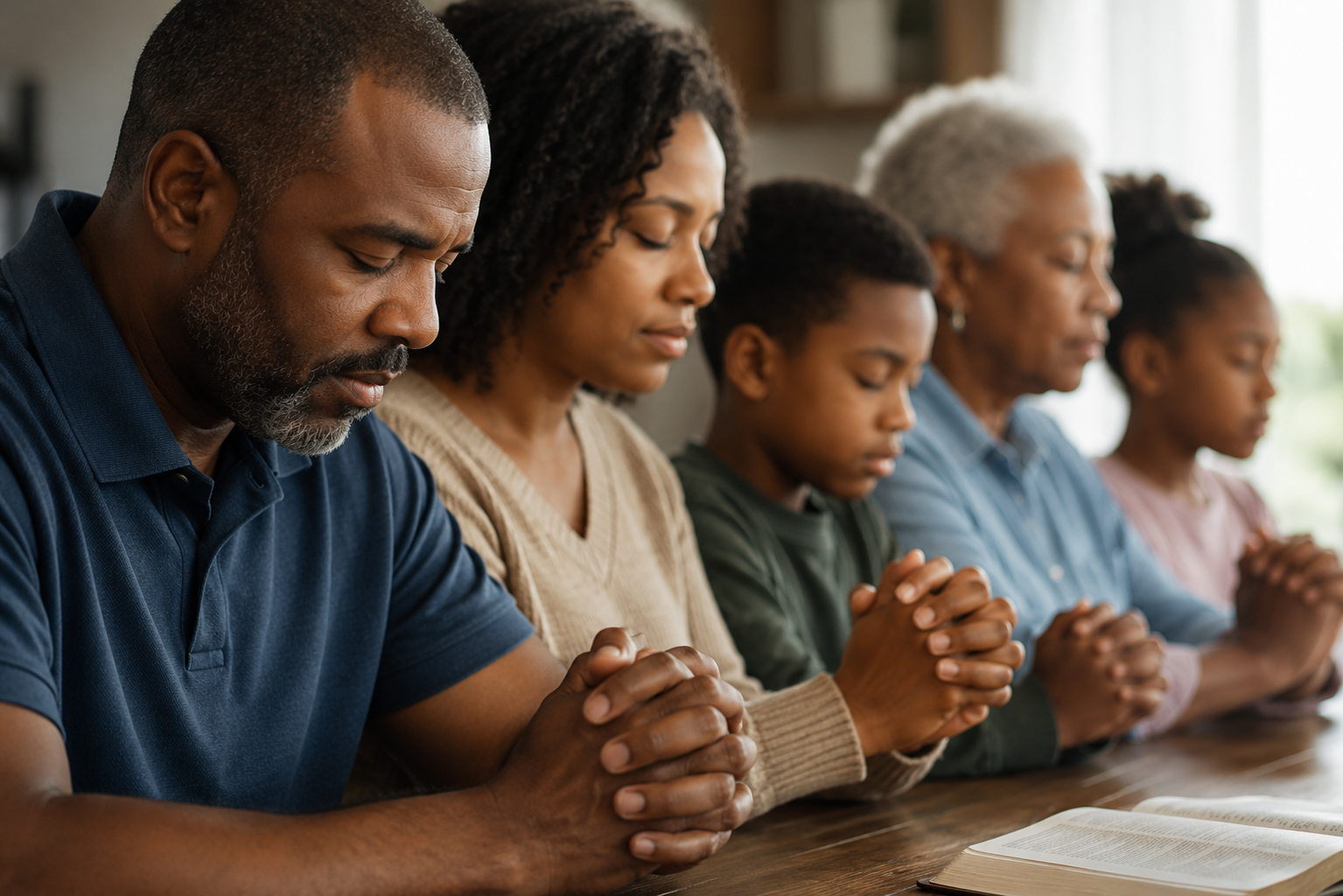 Family praying in the church pew